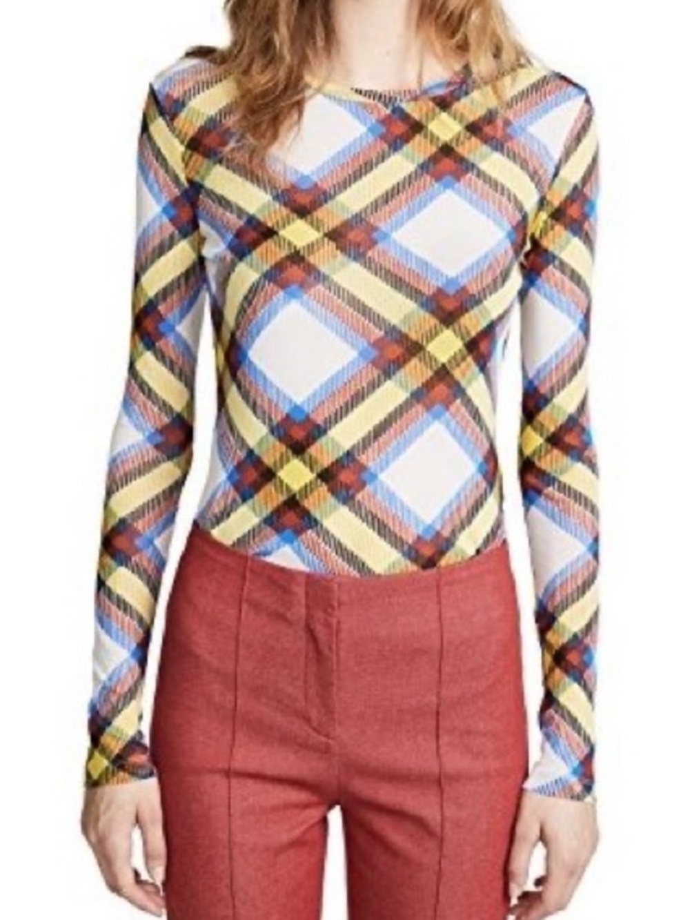 Diane von furstenberg plaid mesh long sleeve top
